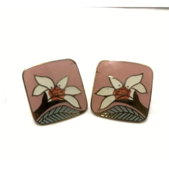 Laurel Burch Cloisonné Enamel Post Earrings Wild Lily Pink Blue White Vintage- - Picture 1 of 2